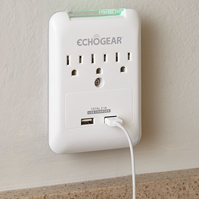 ECHOGEAR Low Profile Surge Protector Design with 3 AC Outlets & 2 USB Ports - 540 Joules of Surge Protection - Installs Over Existing Outlets to Protect Your Gear & Increase Outlet Capacity