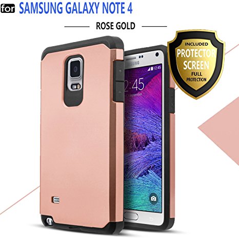 Galaxy Note 4 Case, Starshop [Slim Armor] Hybrid Dual Layers Rugged Impact Advanced Armor Soft Silicone Cover With [Premium HD Screen Protector Included] (Rose Gold)