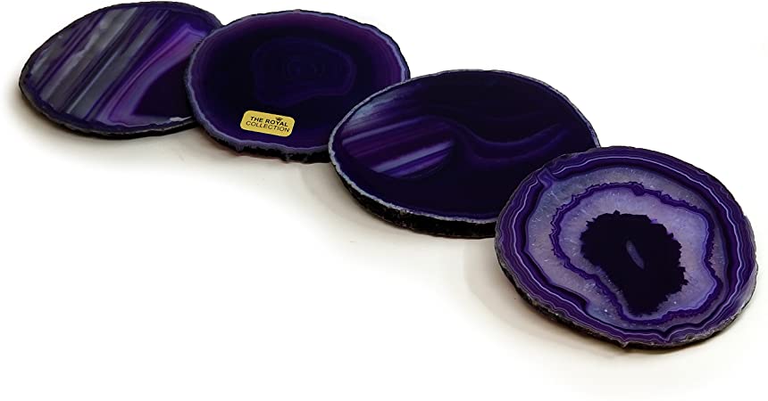 Gift Set of Four Genuine Brazilian (4"- 4.5") Agate Coasters. Includes Protective rubber bumpers - PURPLE