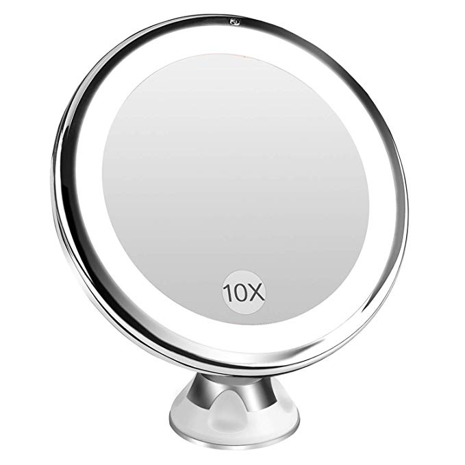 BESTOPE Lighted Makeup Mirror 10x Magnifying Vanity Mirror with 16 LED Lights, 360 Rotation, Cordless, Locking Suction Portable Illuminated Bathroom Mirror