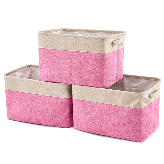 EZOWare Set of 3 Collapsible Large Cube Fabric Linen Canvas Storage Bins Baskets for Shelves Cubby Laundry Playroom Closet Clothes Shoe Baby Toy with Handles (Pink)