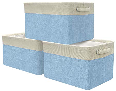 Sorbus Storage Large Basket Set [3-Pack] - Big Rectangular Fabric Collapsible Organizer Box Bin with Carry Handles for Linens, Towels, Toys, Clothes, Kids Room, Nursery (Cream White Trim - Blue)