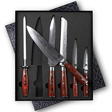 Zelancio Premium 6-Piece Hammered Japanese Steel Knife Set with High Carbon Core and 16-Layer Damascus Steel Blades, Razor Sharp Professional Chef Quality with Teak Handles, Damascus Steel, Brown