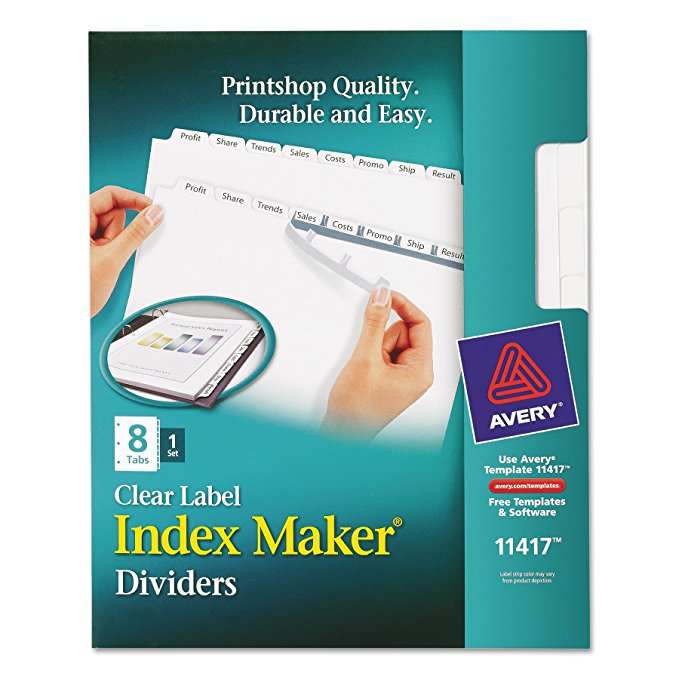 Avery Print & Apply Clear Label Tab Dividers, Index Maker Easy Apply Strip, 8-Tab Divider Set (11417)
