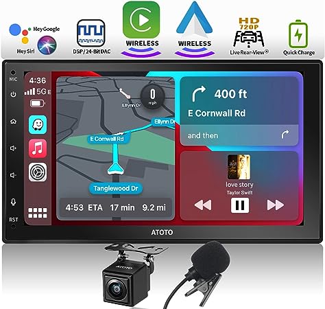 ATOTO 7inch Full Touchscreen in-Dash Navigation, Double DIN Radio with Wireless CarPlay, Wireless Android Auto, Bluetooth, Mirror Link, HD LRV with Backup Camera, Mic, Quick Charge, F7G2B7WES01