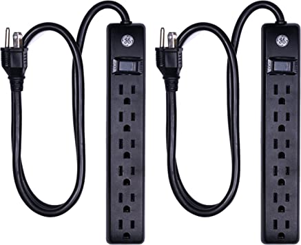 GE 6 Grounded Outlet Surge Protector, 450 Joules, 2 Pack Power Strip, 3 Ft Long Extension Cord, Heavy Duty, On/Off Switch, Integrated Circuit Breaker, Warranty, UL Listed, Black, 83969