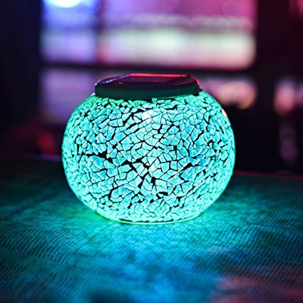 Solar Powered Mosaic Glass Color Changing Table Lamp LED Rechargeable Lamp Crystal Glass Night Light Waterproof Outdoor Lights for Home Yard Patio Party Decorations 5.12 4.13 In (Mosaic-Rainbow)
