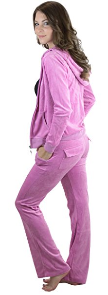 ToBeInStyle Women's Velour Tracksuit Zip-Up Hooded Jacket and Matching Pants