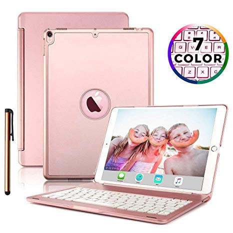 iPad Keyboard Case for iPad Pro 10.5 inch - wireless Backlit Quiet Keyboard - Ultrathin Aluminum Folio Cover - 7 Color Backlight - Auto Sleep Wake - Apple Tablet A1701 A1709 (Rose Gold, 10.5")