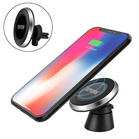 TOPVORK Wireless Car Charger Mount, Fast 10W Magnetic Qi Wireless Charging Phone Holder Air Vent and Dashboard Vehicle Phone Charger for Samsung Note 8/S8/S8 /S7/S6, iPhone X/8 /8 QI-Enabled Devices