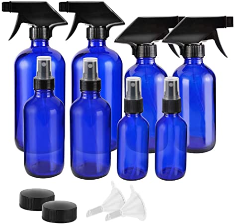 Blue Glass Spray Bottles Set Refillable Container for Essential Oils, Cleaning Products, or Aromatherapy.16 oz x 2,8 oz x 2,4 oz x 2,2 oz x 2.