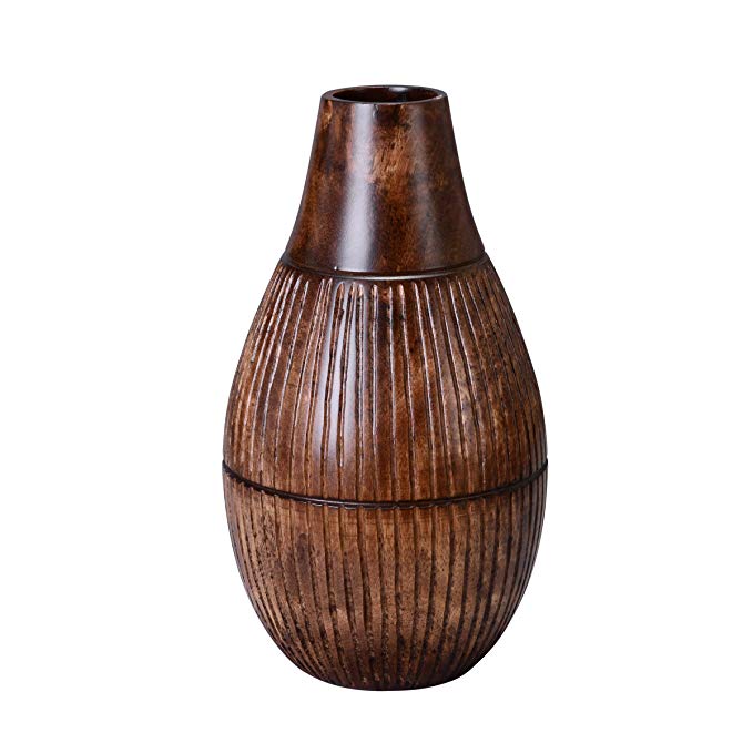 Villacera Handmade 11" Tall Round Vase Mango Brown | Decorative Hand Carved Lined Tar Drop Bottle Shape | Eco-Friendly & Sustainable Wood
