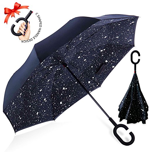 ZOMAKE Double Layer Inverted Umbrella Cars Reverse Umbrella, UV Protection Windproof Large Straight Umbrella for Car Rain Outdoor With C-Shaped Handle