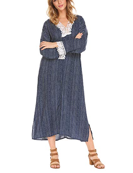 Zeagoo Fashion Women Round Neck Long Sleeve Maxi Long Casual Solid Dress