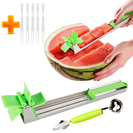 Watermelon Windmill Cutter, Stainless Steel Watermelon Slicer Cutter, Knife Corer Fruit Vegetable Tools, Kitchen Gadgets FDA Approved & BPA Free with Melon Baller Scoop Extra