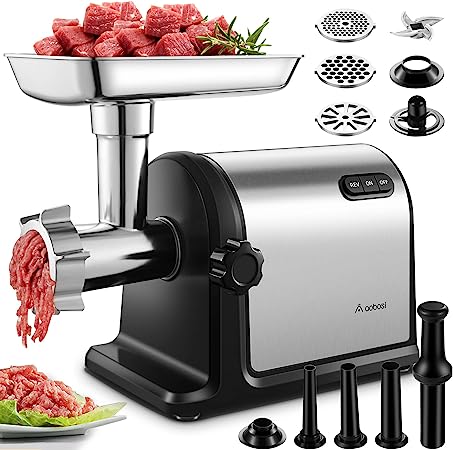 AAOBOSI Meat Grinder【3000W Max】Heavy Duty Stainless Steel Meat Grinders Electric with 3 Grinding Plates, 3 Sausage Stuffer Tubes & Kubbe Attachments, Easy One-Button Control Hachoir a Viande