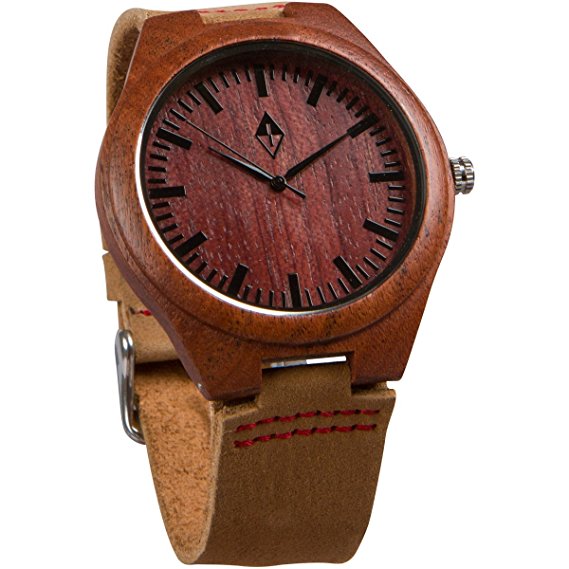 Wood Grain Handmade Mens Red Sandalwood Natural Wooden Watch with Genuine Brown Leather Band