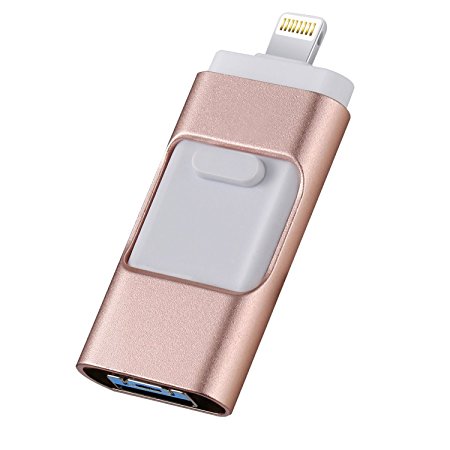iOS USB Flash Drives for iphone 128GB [3-in-1] Lightning OTG Jump Drive, BQYPOWER External Micro USB Memory Storage Pen Drive, Encrypted Flash Memory Stick for iPhone, iPad, Android and PC (Pink)