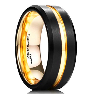 King Will DUO Mens 8mm Black Matte Finish Tungsten Carbide Ring 18K Gold Plated Beveled Edge Wedding Band