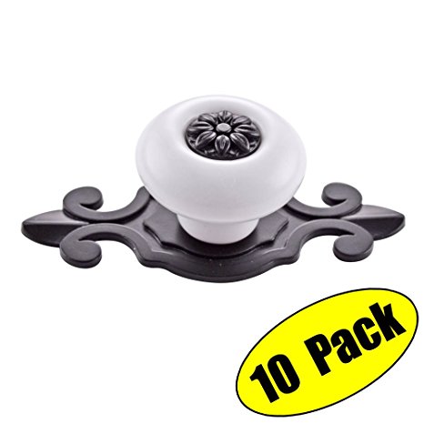 KES Vintage Ceramic Kitchen Bath Cabinet Round Knobs with Black Backplate Drawer Handles Furniture Pulls Hardware WHITE 10 Pack, HCK803-WH-P10