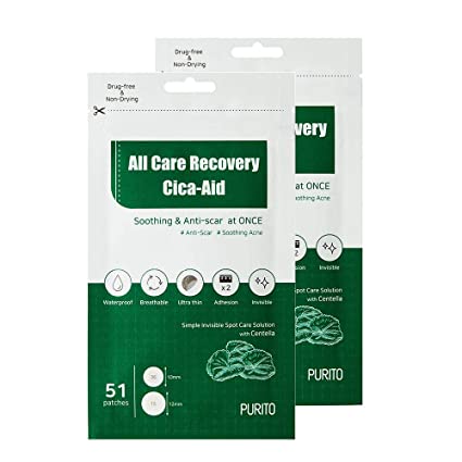 PURITO All Care Recovery Cica-Aid 51 Patches, Pack of 2,Blemish Spot, Acne pimple spot treatment, hydrocolloid Dots, Acne patch, Pimple Master, Absorbing cover, Centella, Invisible