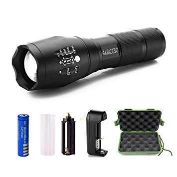 LED Tactical Flashlights, AKRICCSO T6 Adjustable Focus Torch and Military Water Resistant and 5 Light Modes - with Rechargeable 18650 Lithium Ion Battery and Charger For Hiking, Camping, Emergency
