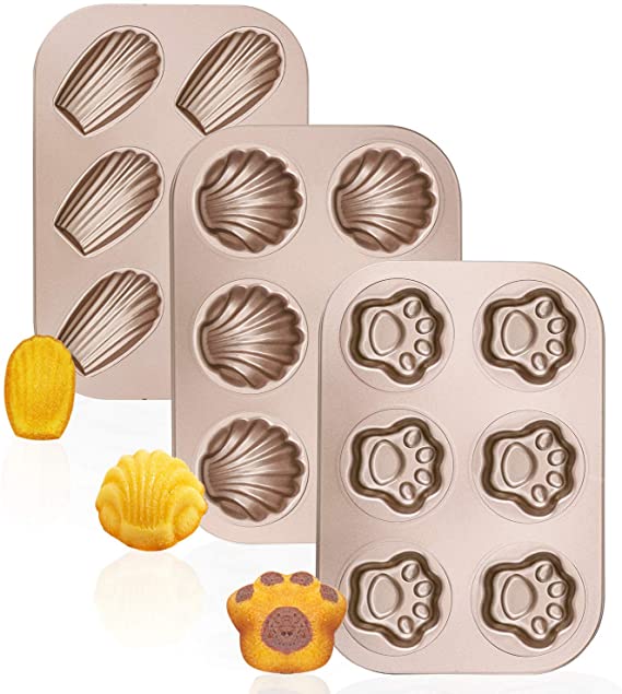 Madeleine Pans, Beasea 3 Pack Nonstick Cat Claws Shape Baking Pans, Carbon Steel Baking Mold, 6 Cavity Baking Tray Bagels Mold