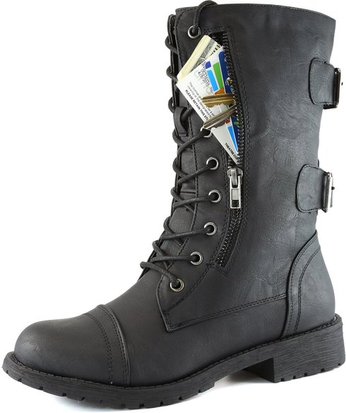 DailyShoes Womens Military Combat Lace up Mid Calf High Credit Card Knife Money Wallet Pocket Boots