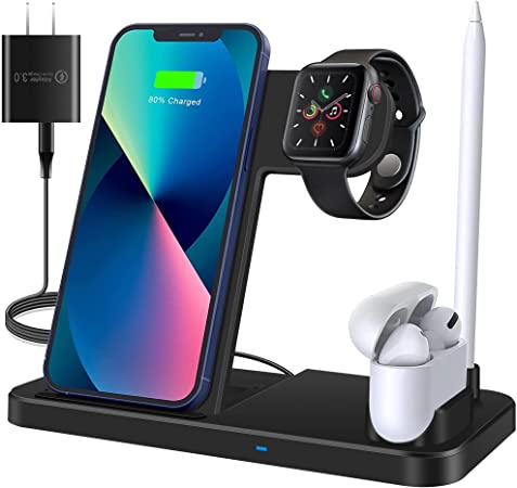 ZasLuke Wireless Charger, 4 in 1 Wireless Charging Station for Apple Watch & AirPods and Apple Pencil, Fast Charging Dock for iPhone 13/13Pro/12/12 Pro/SE/11/11pro/X/XS/XR/Xs Max/8/8 Plus,for Samsung Galaxy Series Phone (with QC3.0 Adapter)