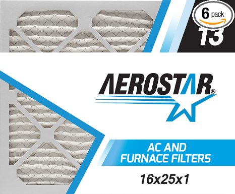 16x25x1 AC and Furnace Air Filter by Aerostar - MERV 13, Box of 6