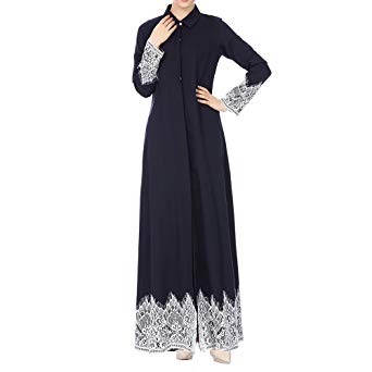 Kulywon Muslim Women Lace Trimmed Front Abaya Muslim Maxi Kaftan Kimono