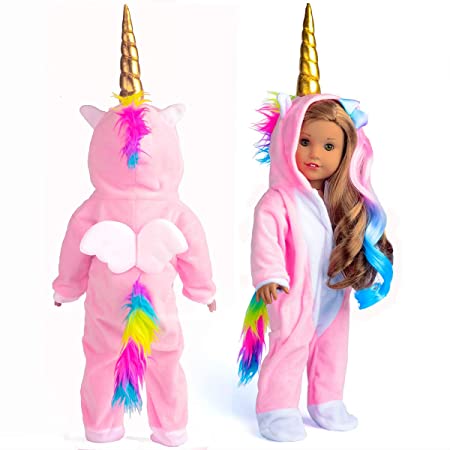 sweet dolly Doll Clothes Unicorn Doll Costume Onesie Pajamas with Hair Bows fits 18 Inch American Girl Doll