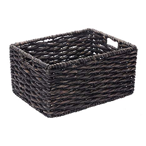 Villacera Rectangle Handmade Twisted Wicker Baskets Made of Water Hyacinth | Nesting Black Seagrass Bins | Set of 2