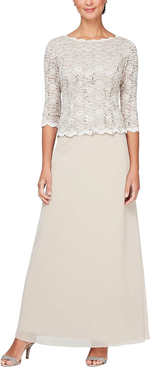 Alex Evenings Women's 3/4 Sleeve Stretch Lace Bodice Mock One Piece Gown