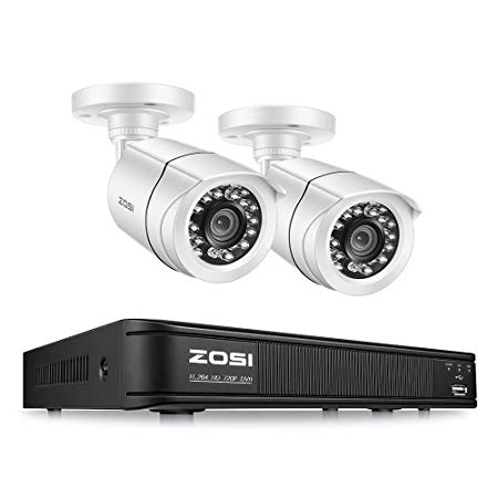 ZOSI 720P 4 Channel Home Surveillance Camera System,1080N Security DVR 4 Channel and (2) 1.0MP 720P(1280TVL) Weatherproof Bullet Camera Outdoor/Indoor (No Hard Drive)