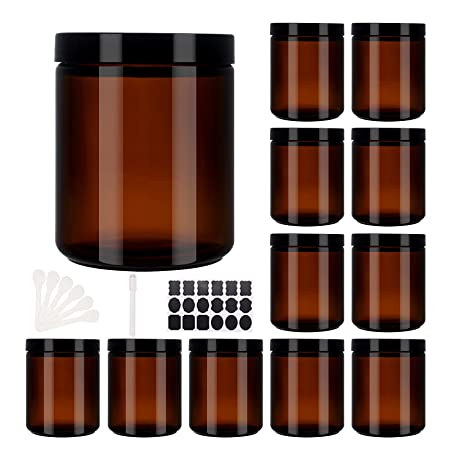 BPFY 12 Pack 8 oz Round Amber Glass Cosmetic Jars with Black Lids, Spatula, Chalk Labels, Pen, Candle Holder, Refillable Containers for Makeup, Cream, Sugar Scrubs, Bath Salts
