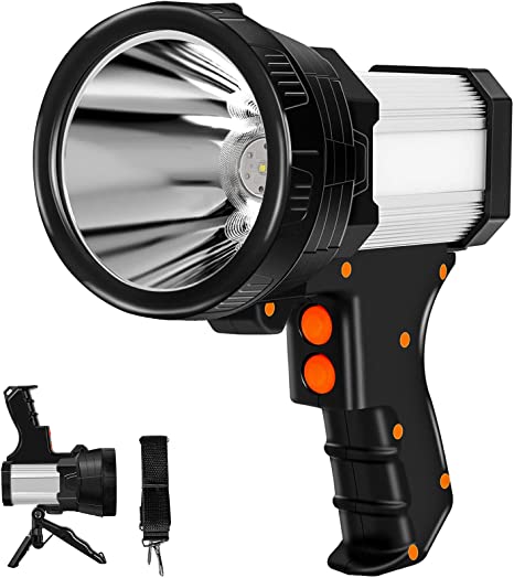 Samyoung Spotlight 120000 Lumen Super Bright, 10000 mAh 30 Hours LED Rechargeable Flashlights, IP65 Waterproof Rechargeable Spotlight Come with Collapsible Tripod & Strip for Hunting Boat Camping
