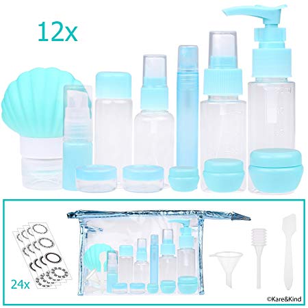 Travel Bottle Set - Refillable - TSA/Airline Approved - 12 Bottles and Jars - 3 Tools (Pipette, Funnel and Mini Spatula) - For Downsized Portions of Your Favorite Cosmetics, Lotions and Creams