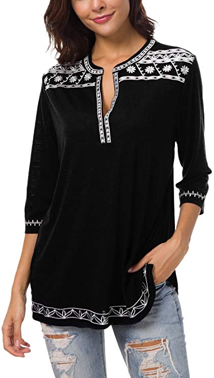 Women's 3/4 Sleeve Boho Shirts Embroidered Peasant Top