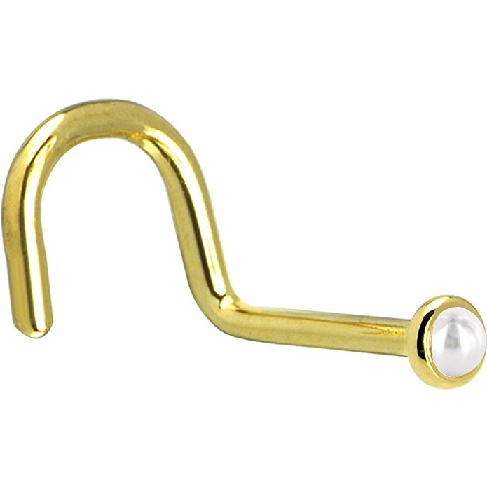 Body Candy Solid 14k Yellow Gold 2mm White Cultured Pearl Right Nose Stud Screw 18 Gauge 1/4"