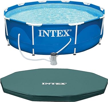 Intex Metal Frame 10 Foot x 30 Inch Above Ground Outdoor Swimming Pool Set with 330 GPH Filter Pump, Cartridge, and Protective Round Pool Cover