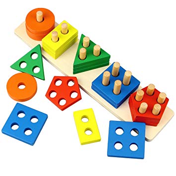 Dreampark Wooden Educational Toys, Wooden Shape Color Sorting Preschool Stacking Blocks Toddler Puzzles Toys Birthday Gifts for Boys and Girls Age 1 2 3