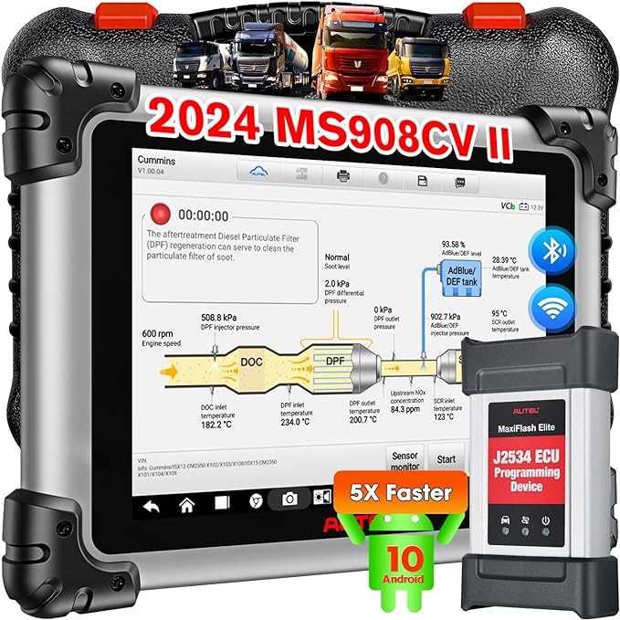 Autel MaxiSYS CV MS908CV II: 2024 Heavy Duty Diagnostic Tool, Level-up of MS908CV MS906CV, Same As MS909CV, OS 11, 4G 128G 2.4G&5G WiFi Print GPS J2534 Coding Bidirectional 49  Service FCA AutoAuth