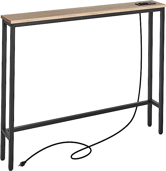 ELYKEN 5.9" Narrow Console Sofa Table with Power Outlets and USB Port, 5.9" Dx39.4 Wx31.1 H Long Behind Couch Table with Metal Frame and 6.5’ Extension Cord, Greige