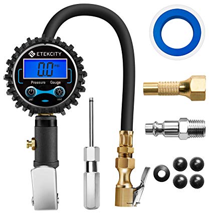 Etekcity Digital Tire Inflator Pressure Gauge, Heavy Duty 250 PSI Air Chuck Compressor Accessories Rubber Hose Measure Accuracy 0.1 Display Resolution, Black