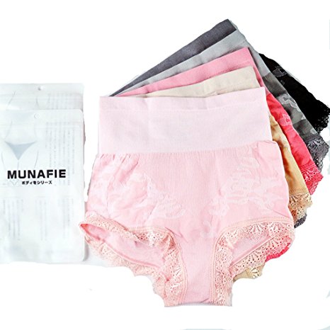 MUNAFIE 5-pack Womens Shapewear Seamless Hi-waist Brief Panty Firm Control Tummy Slimming panties lace US4-7