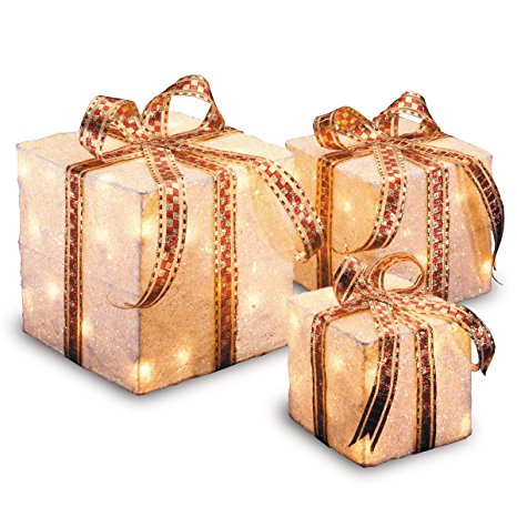 National Tree Set of 3 Assorted White Sisal Gift Boxes with Clear Lights (MZGB-ASST-4L-1)