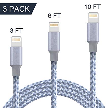 BBInfinite iPhone Cable,3Pack 6FT Nylon Braided Lightning Charger to Cable Data Syncing Cord Compatible with iPhone 7/7 Plus/6/6 Plus/6s/6s Plus/5/5s/5c/SE and more (Gray&Whtie)