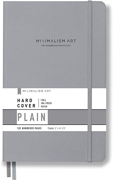 Minimalism Art, Premium Hard Cover Notebook Journal, Small Size, Classic 5" x 8.3", 122 Numbered Pages, Gusseted Pocket, Ribbon Bookmark, Extra Thick Ink-Proof Paper 120gsm (Plain, Gray)