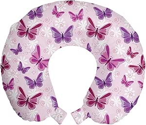 Ambesonne Butterfly Travel Pillow Neck Rest, Various Flying Butterflies Colors Hippie Style Print Design, Memory Foam Traveling Accessory for Airplane and Car, 12", Pink Purple